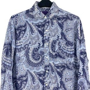 Ralph Lauren PURPLE LABEL Men's Medium LINEN Paisley Button Up Shirt Blue